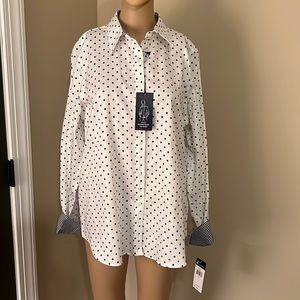 Women’s navy/white button-down blouse. NWT.